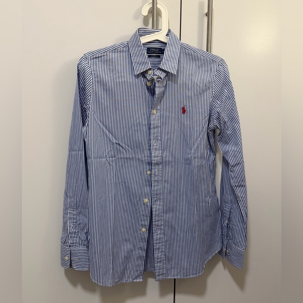 Ralph Lauren Blue & White Striped Button-Down Dress Shirt with Red Polo Logo